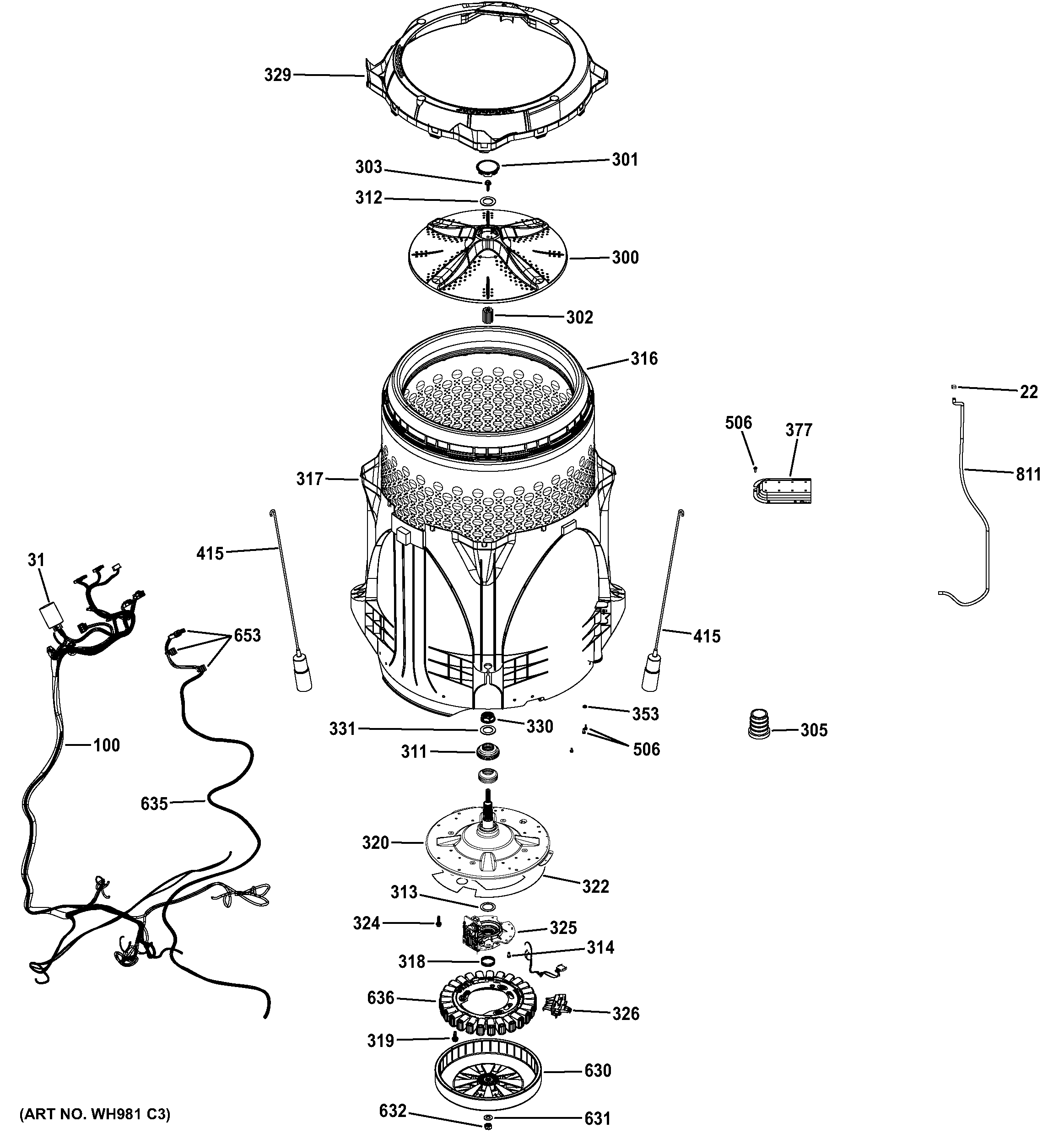 GE GTWN7450D0WW tub & motor diagram