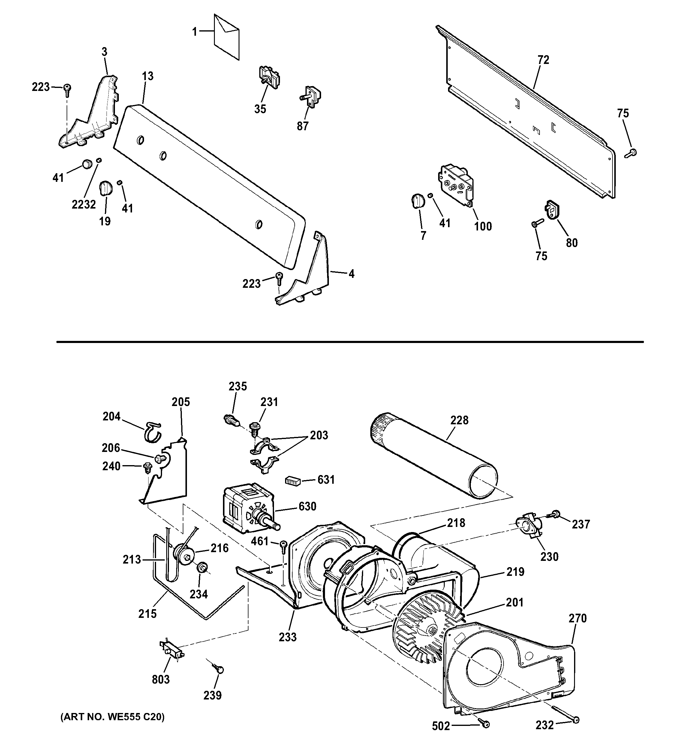 Hotpoint HTDX100EM0WW backsplash, blower & motor assembly diagram
