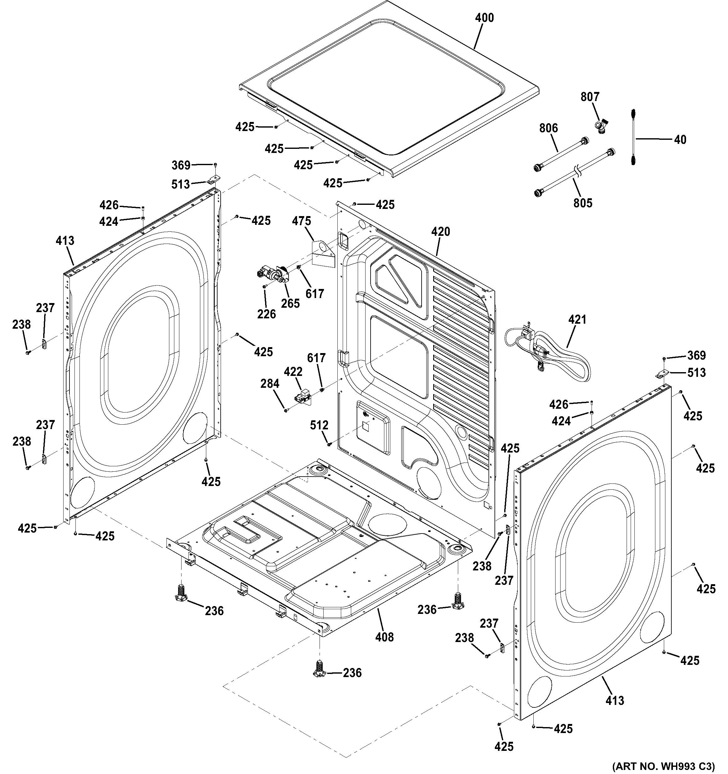 GE GFDS250GF0WW cabinet & top panel diagram