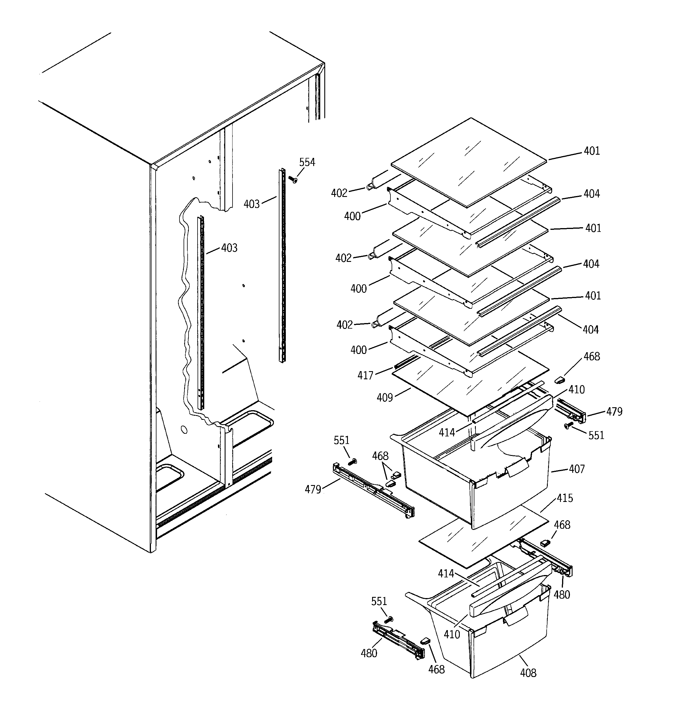 Hotpoint HSS25GFPAWW fresh food shelves diagram