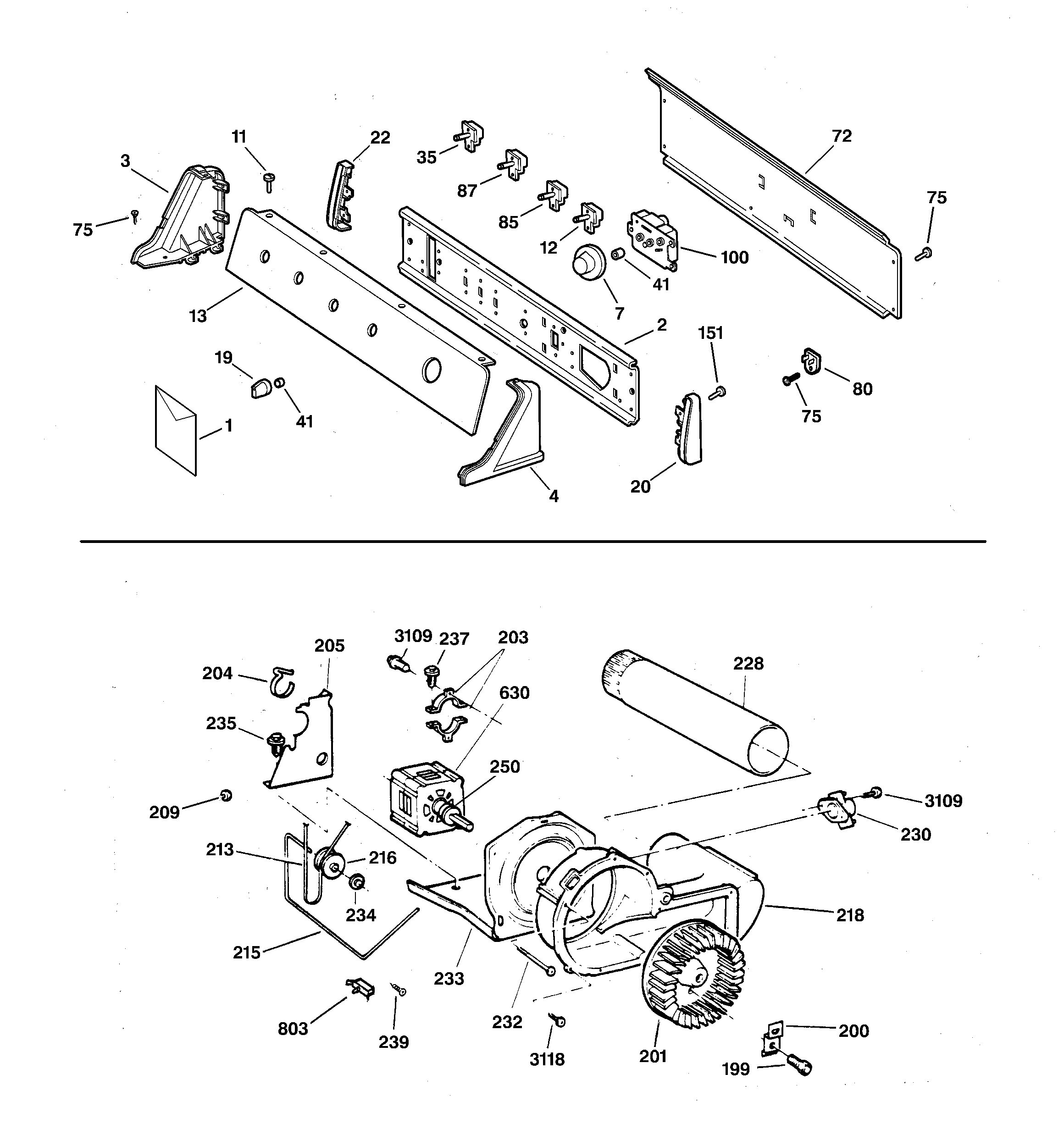 Hotpoint NWSR473EV0WW backsplash, blower & drive assembly diagram