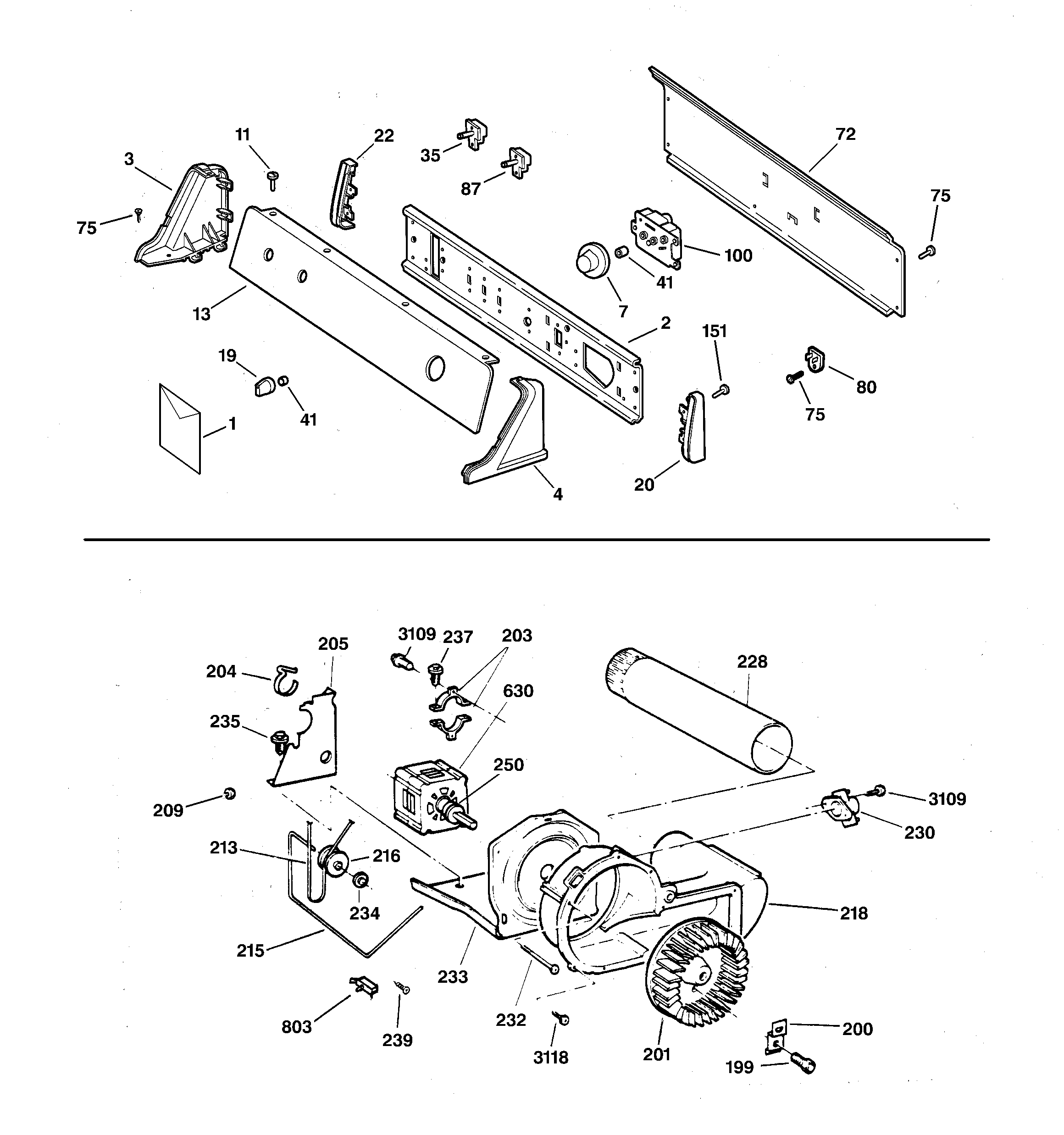 Hotpoint NBXR453EV0AA backsplash, blower & drive assembly diagram