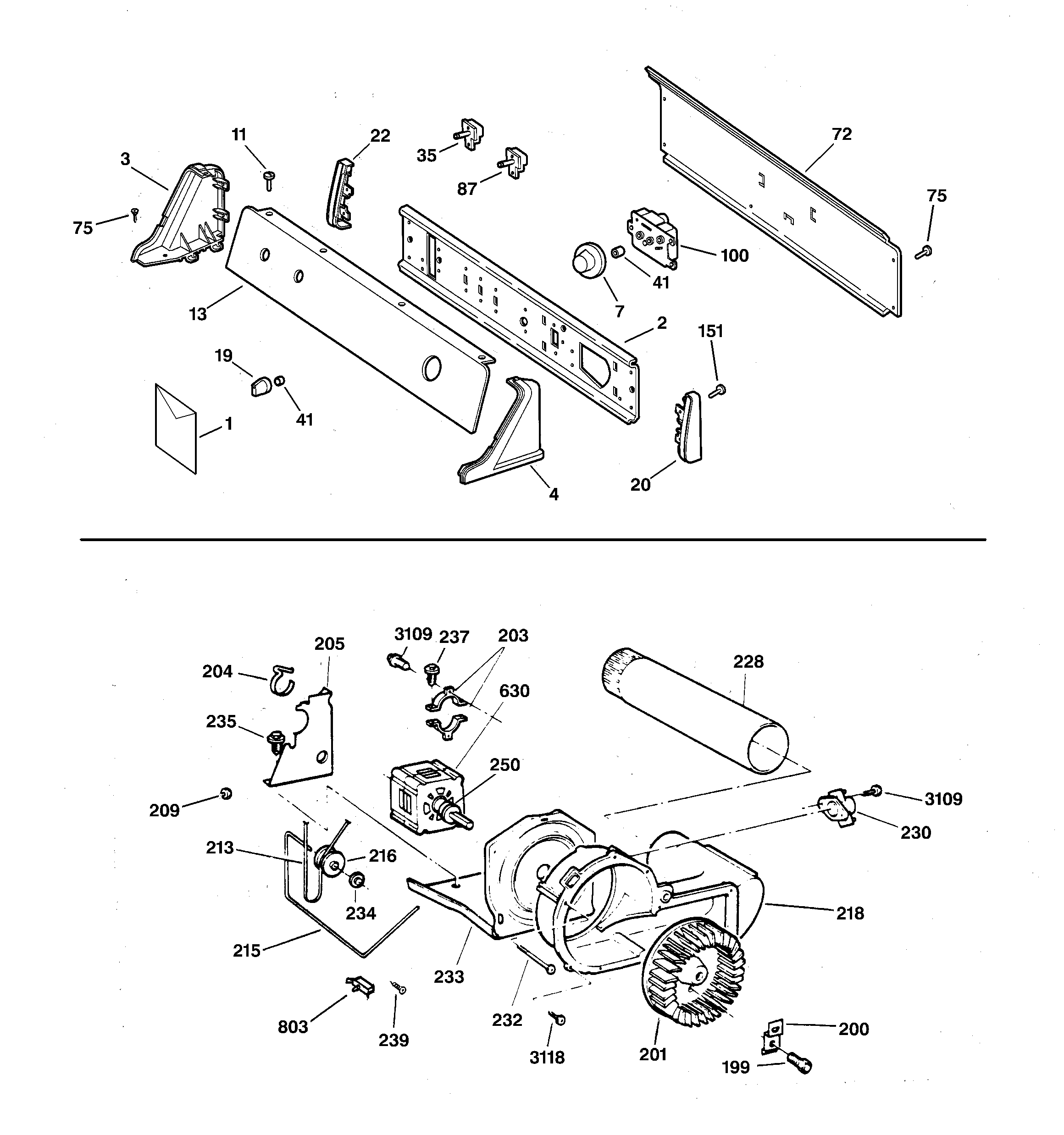 Hotpoint NBXR453GV0WW backsplash, blower & drive assembly diagram