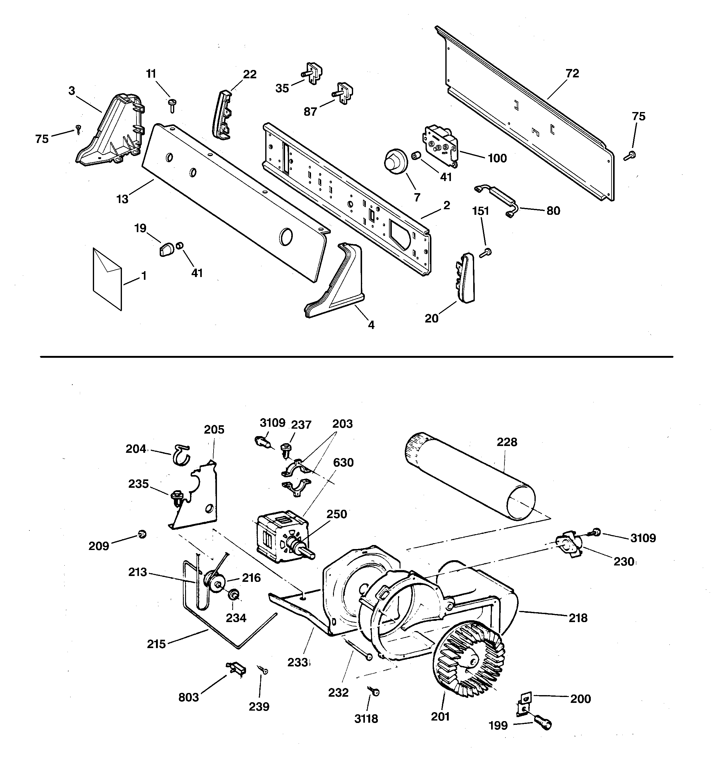 Hotpoint NJSR453EW0WW backsplash, blower & drive assembly diagram