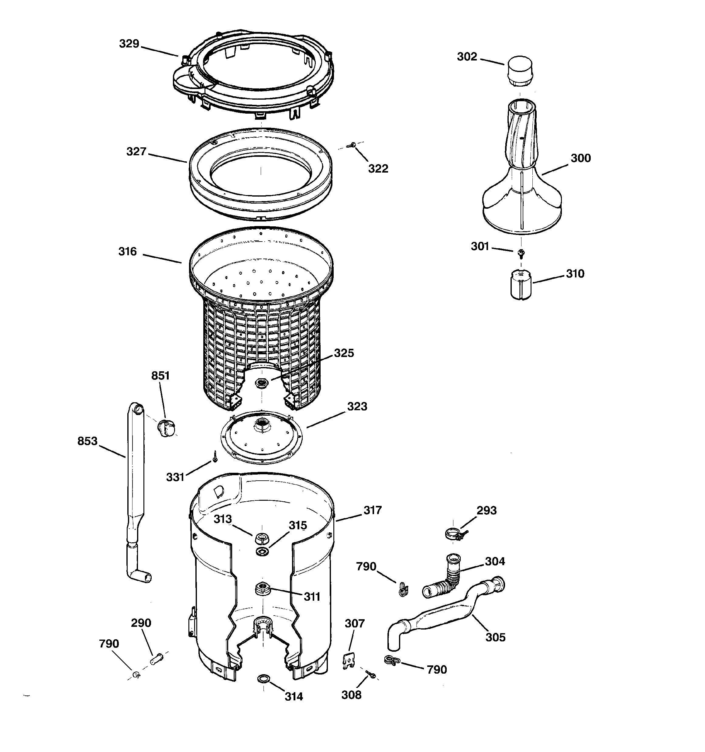 Hotpoint VVSR1040V2WW tub, basket & agitator diagram
