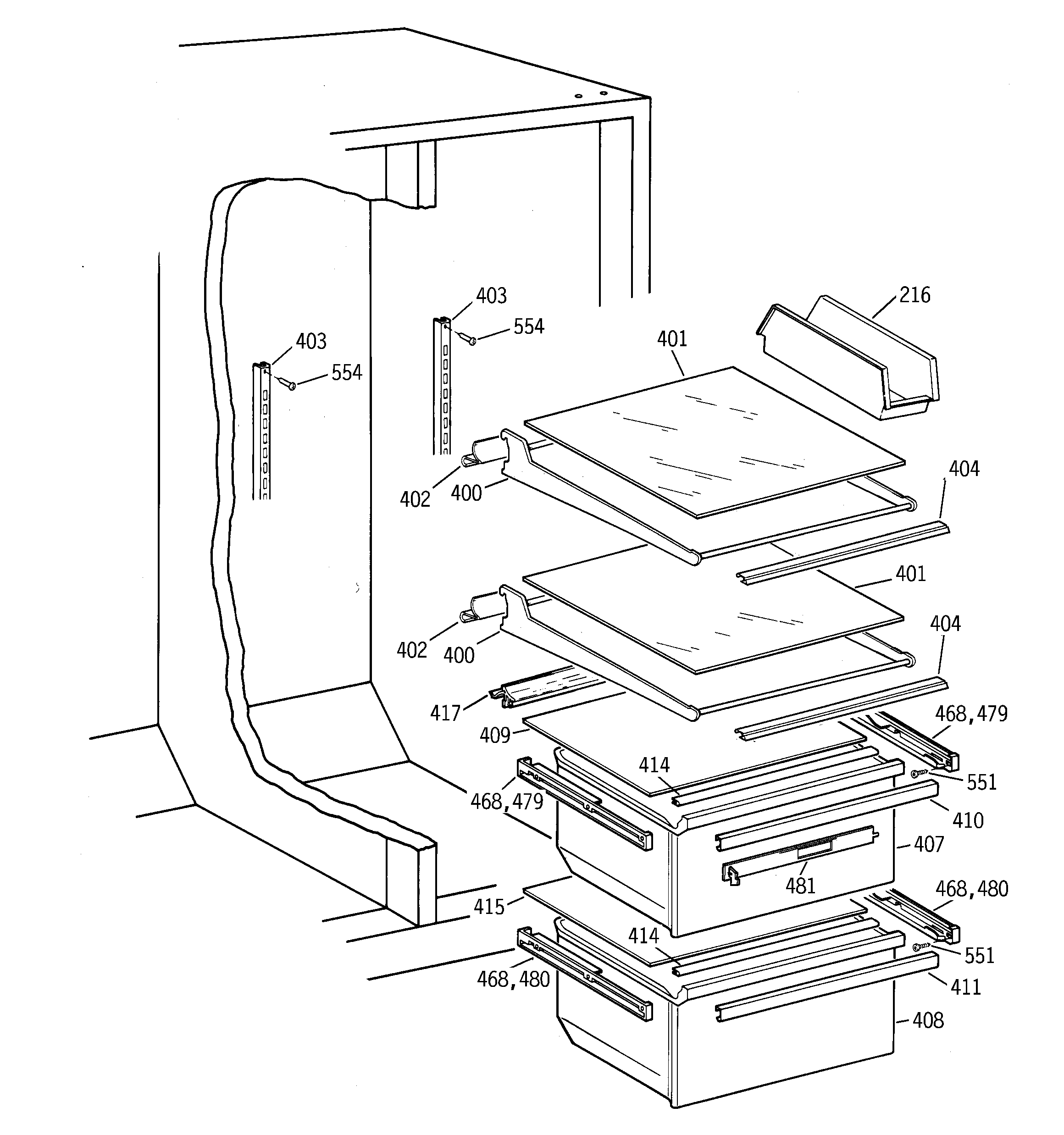 Hotpoint CSX25GRBCAA fresh food shelves diagram