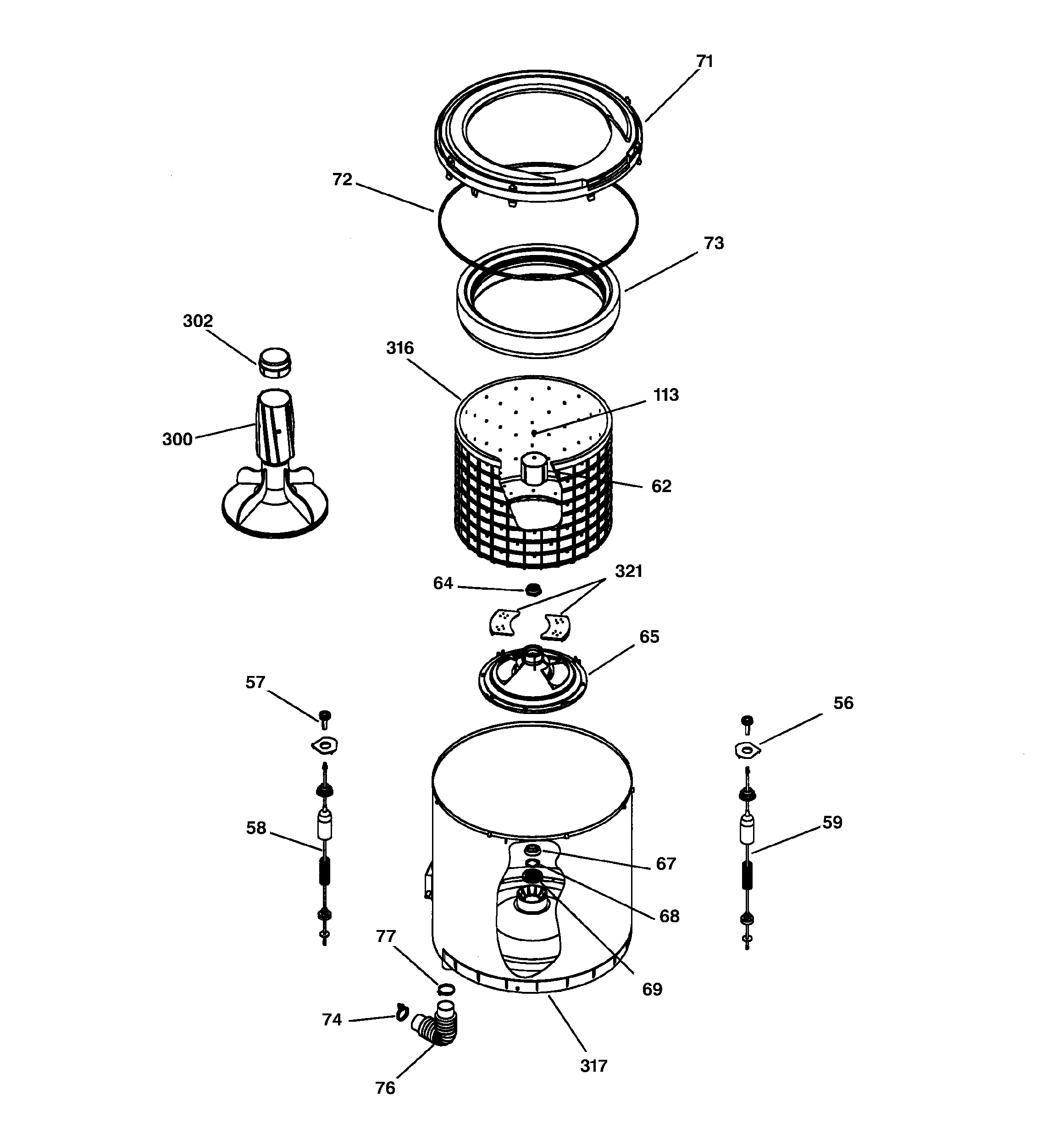 Hotpoint VLLR1020T1WO suspension, tub, basket & agitator diagram