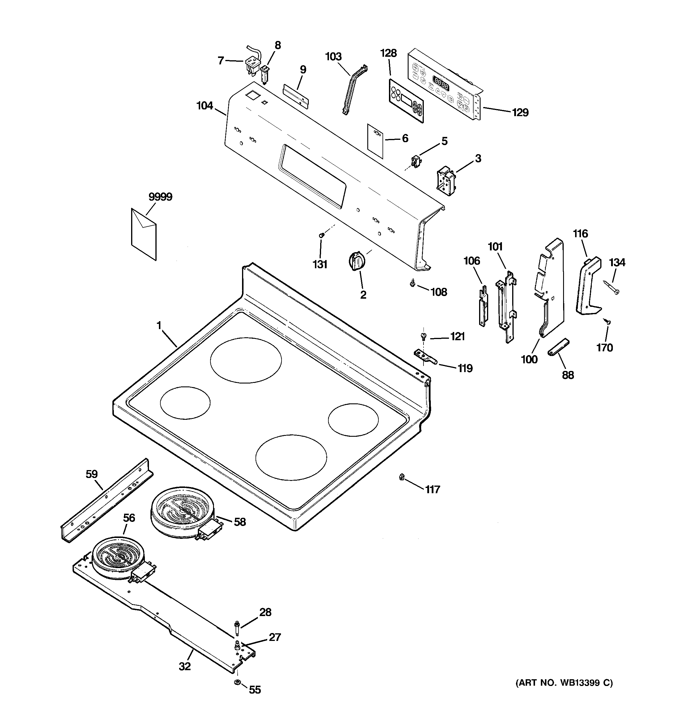 Hotpoint RCBS787WJ3WW control panel & cooktop diagram
