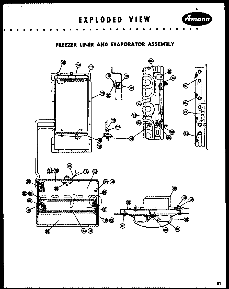Amana FF125L freezer liner and evaporator assembly diagram