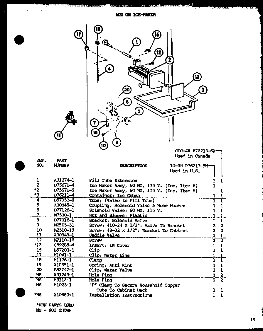 Amana BC20H-P7680810W add on ice-maker (ic-3h/p76213-5w) (cic-4h/p76213-6w) diagram
