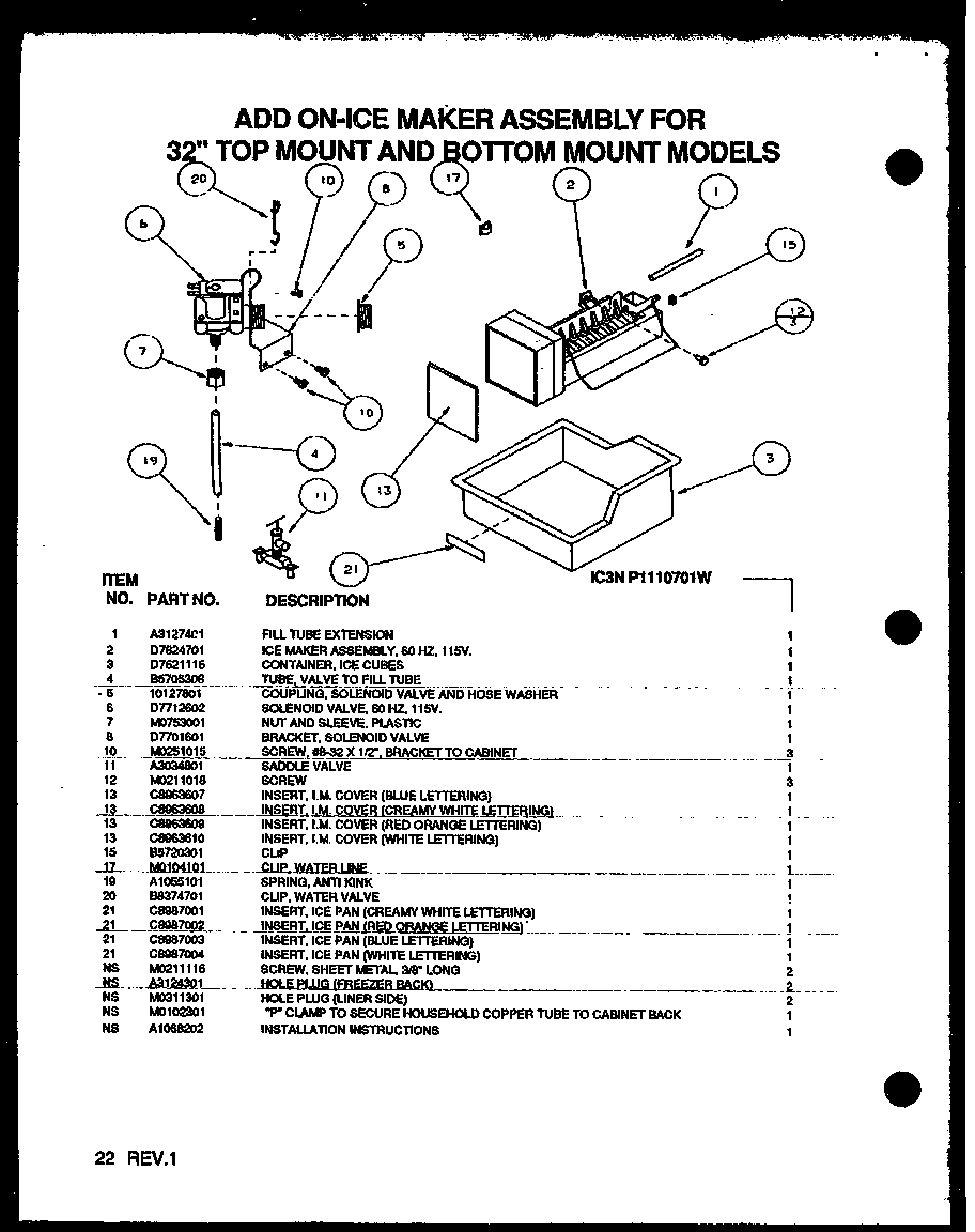 Amana BZ22QL-P1153002WL add on-ice maker assembly (ic3n/p1110701w) diagram