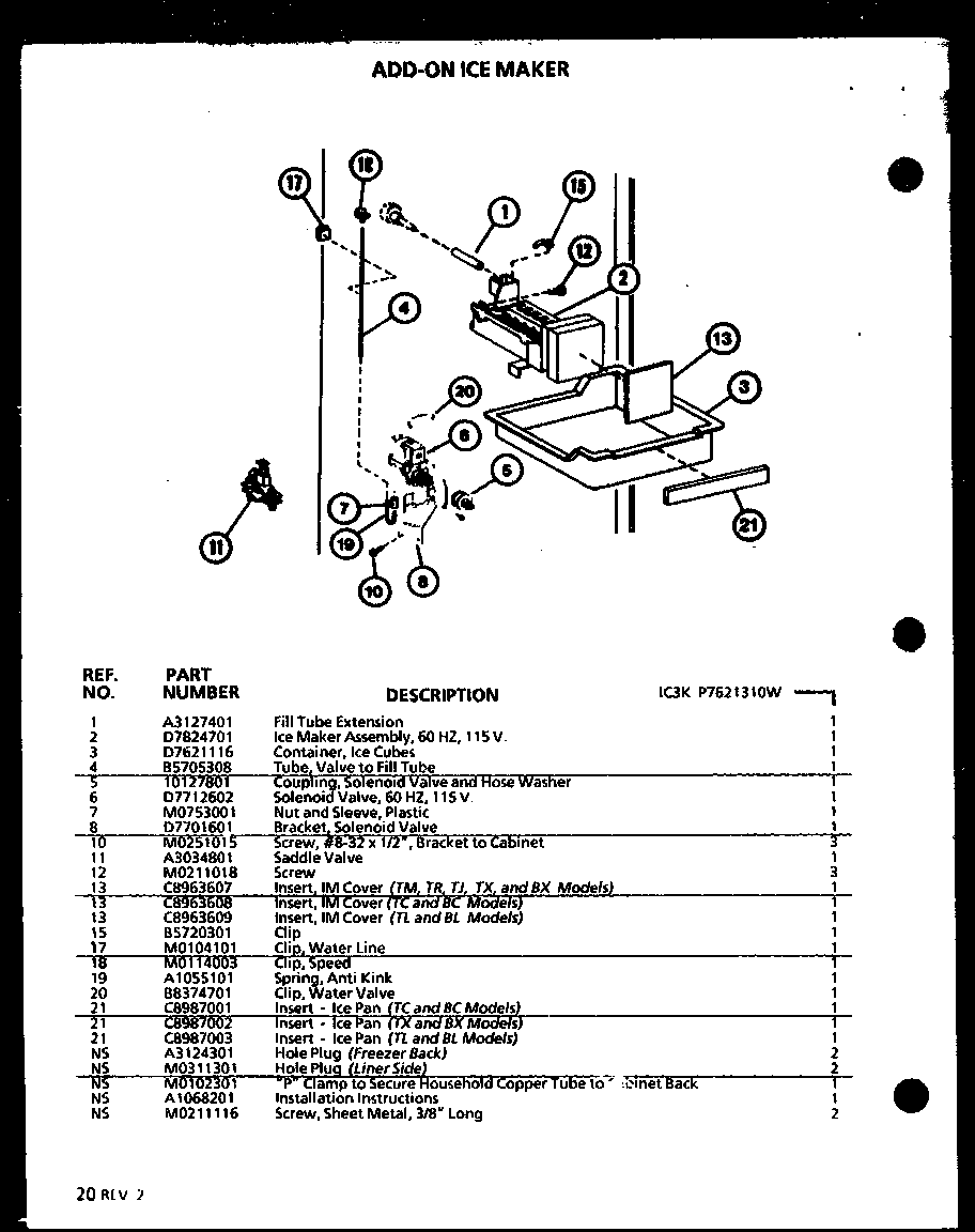 Amana BX20N-P7812527W add-on ice maker (ic3k/p7621310w) diagram