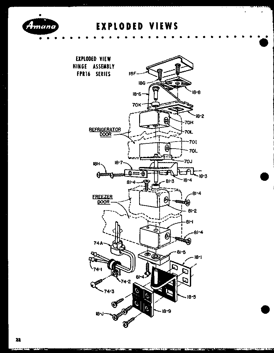Amana FPR16L exploded view hinge assembly (fpr16) diagram