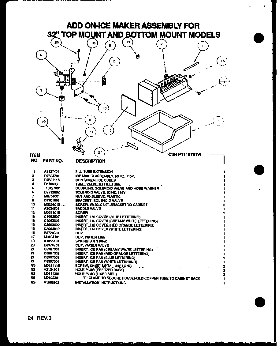 Amana BX20QG-P1125502WG add on-ice maker assembly (ic3n/p1110701w) diagram
