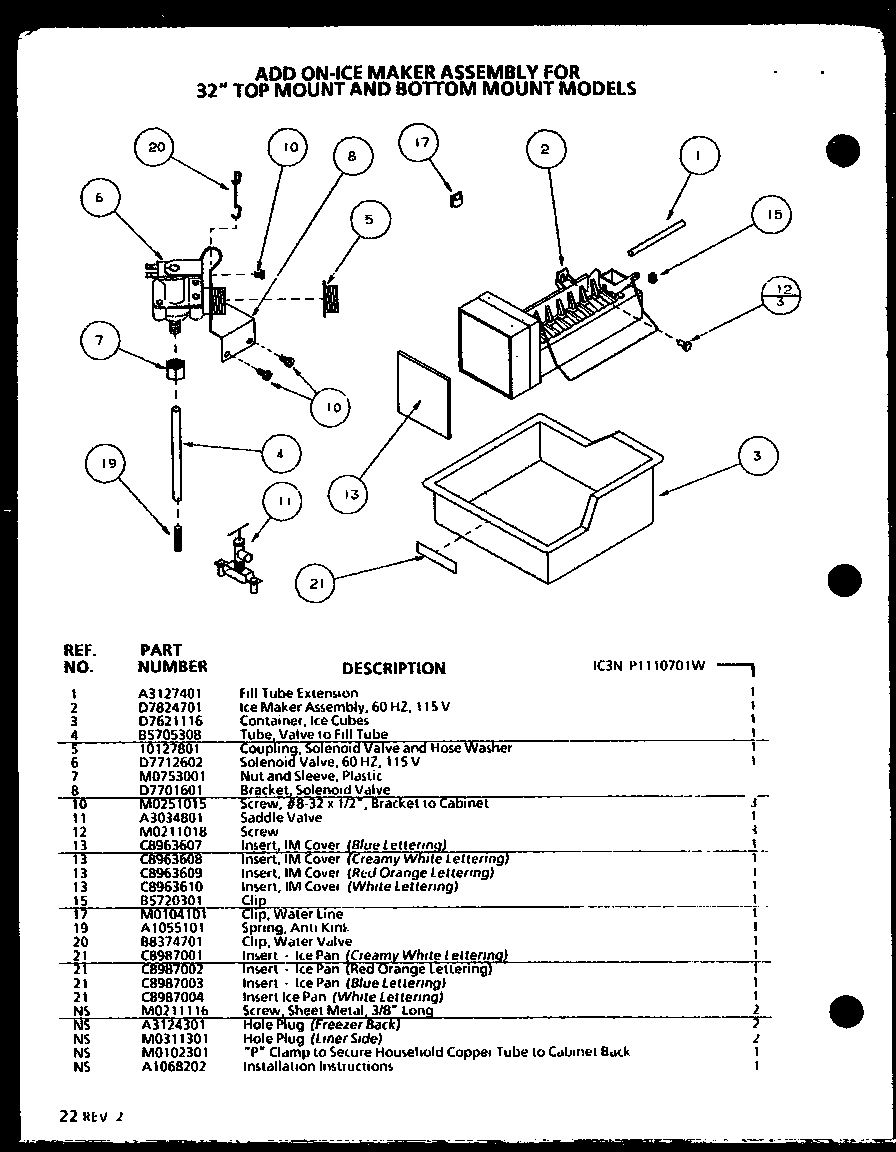 Amana 86068L-P1125506WL add on-ice maker assembly (ic3n/p1110701w) diagram