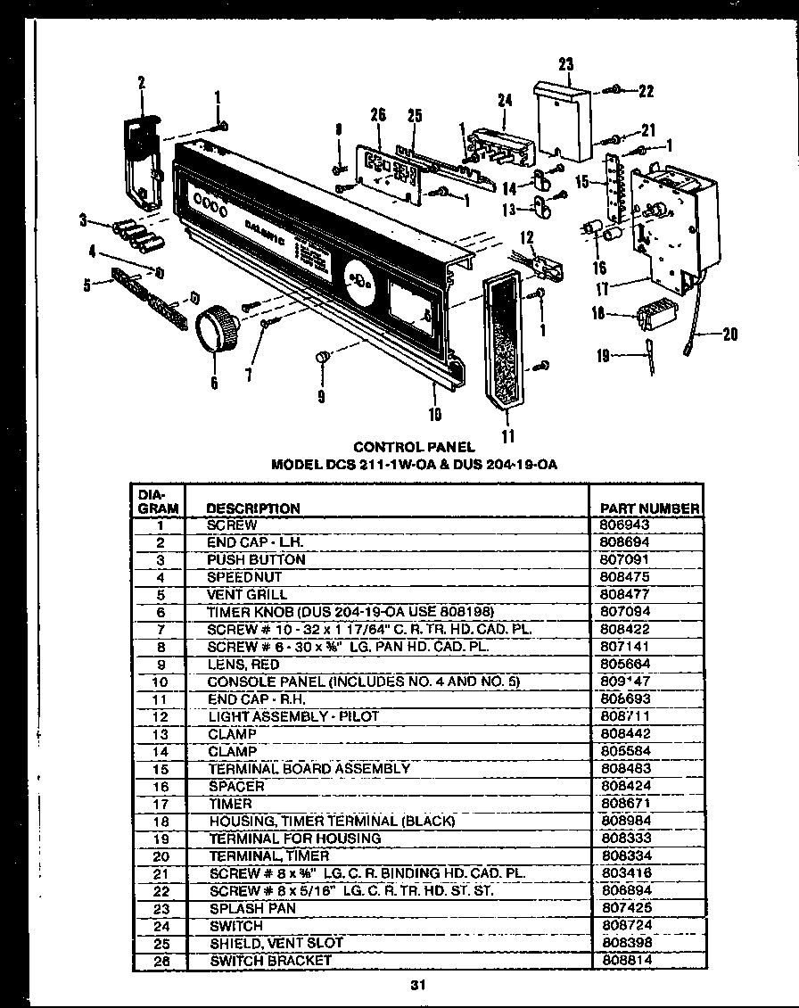 Caloric DCS215-1A-OA control panel (dus202-1w-0a) (dus204-19-oa) (dcs211-1c-oa) (dcs211-1a-oa) (dcs211-1l-oa) (dcs211-1h-oa) (dcs211-1w-oa) diagram