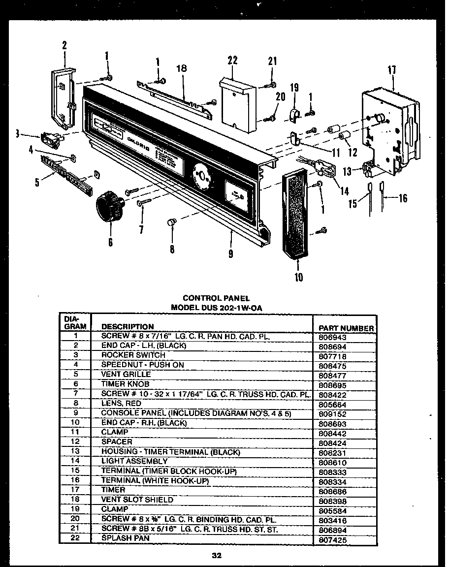 Caloric DCS215-1A-OA control panel (dus202-1w-0a) diagram