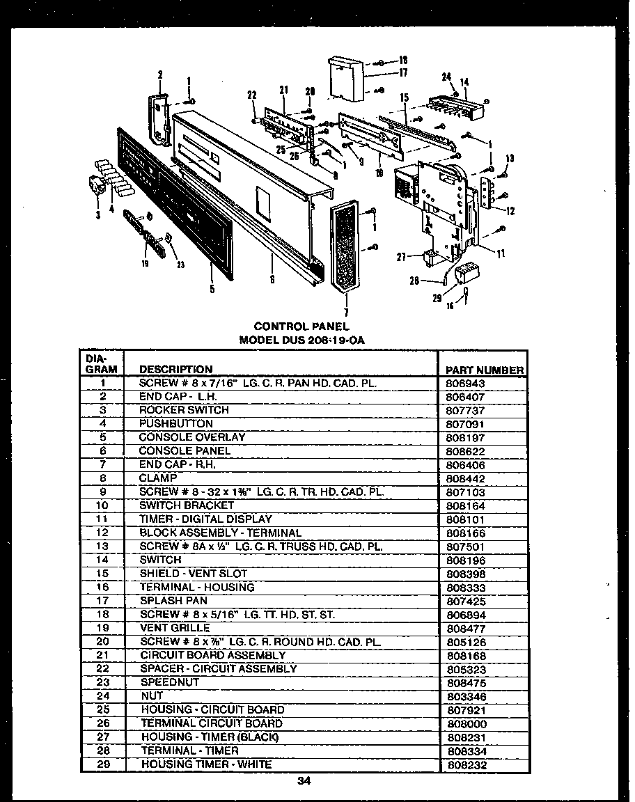 Caloric DCS215-1A-OA control panel (dus208-19-oa) diagram