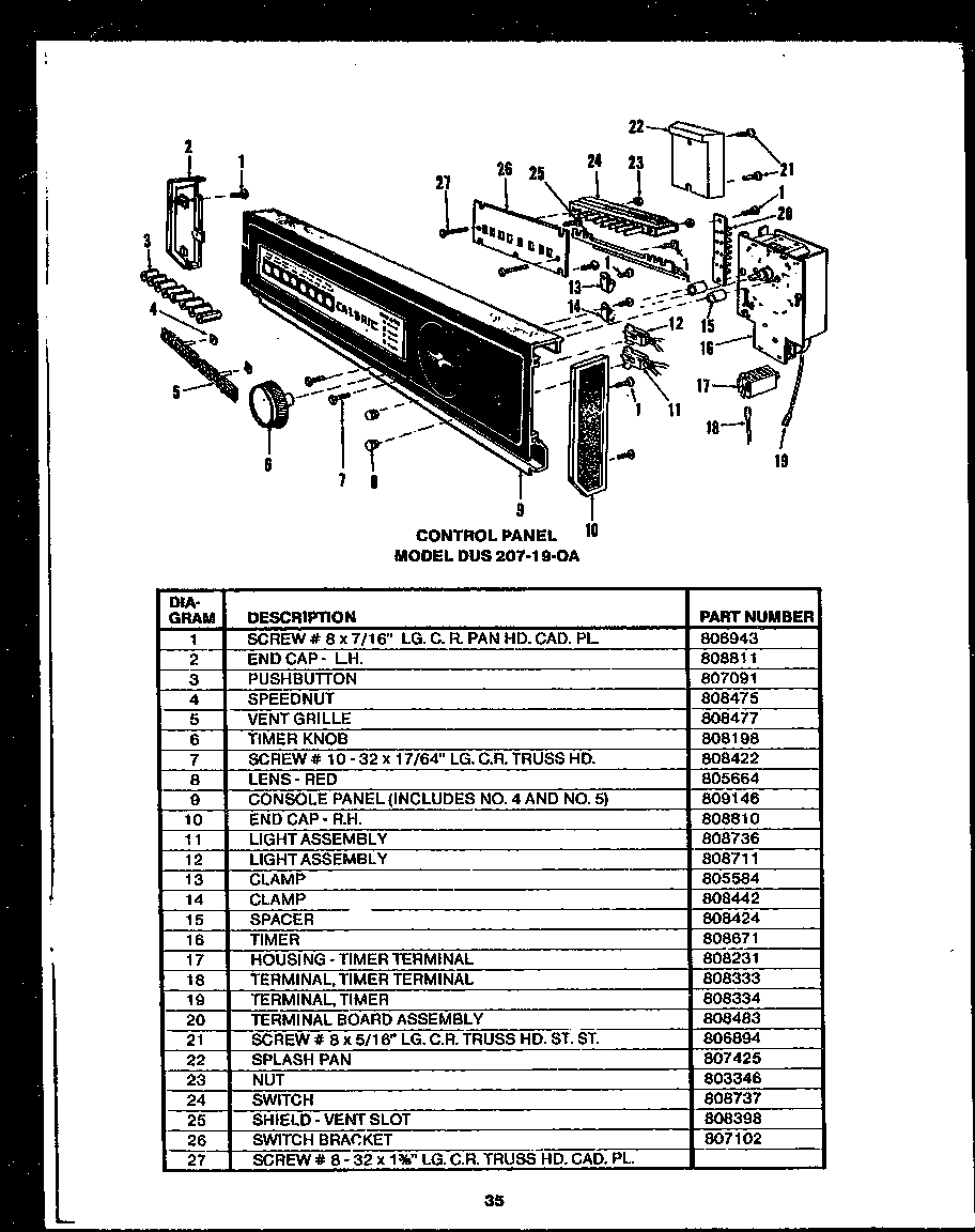 Caloric DCS215-1A-OA control panel (dus207-19-oa) diagram