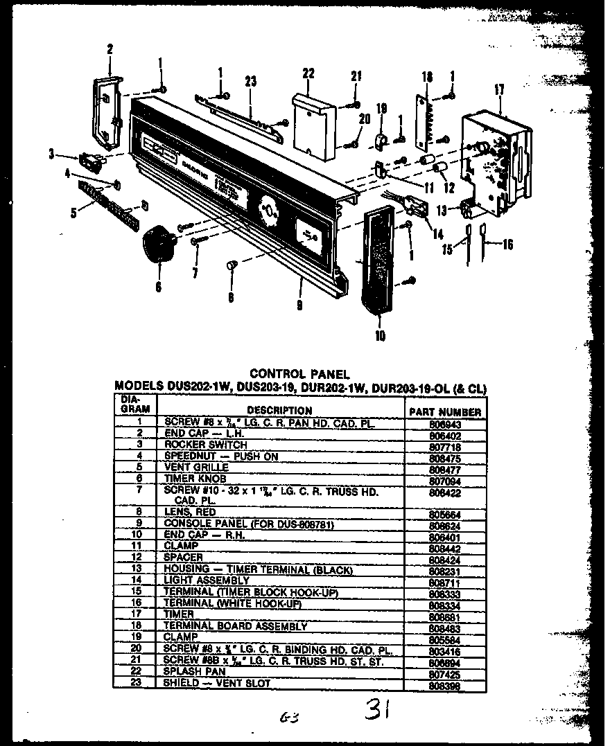 Caloric DUR208-19-OL control panel (dus202-1w) (dur202-1w-ol) (dur203-19-ol) (dur203-19-cl) (dus203-19) diagram