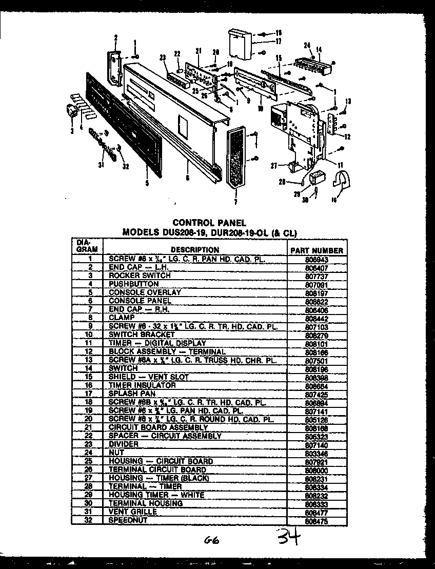 Caloric DUR208-19-OL control panel (dus208-19) (dur208-19-ol) (dur208-19-cl) diagram