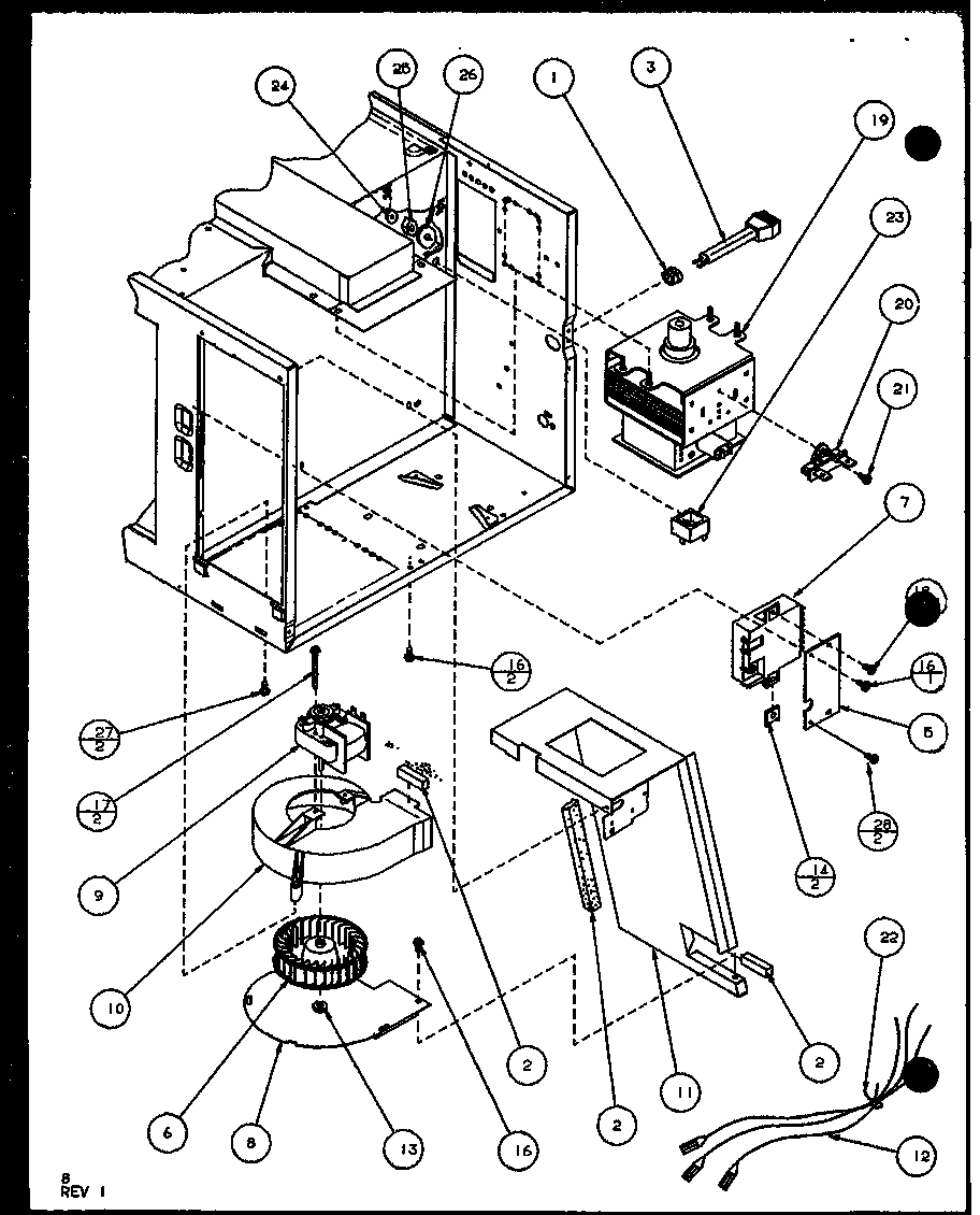 Amana WM714/P1104412M blower/magnetron diagram