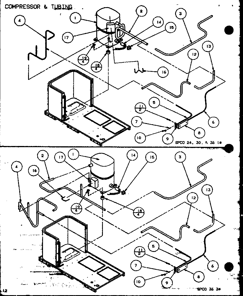Amana PHK120/P9828401C compressor & tubing (spco24001a/p9999101c) (spco30001a/p9999102c) (spco36001a/p9999103c) (spco36003a/p9999104c) diagram