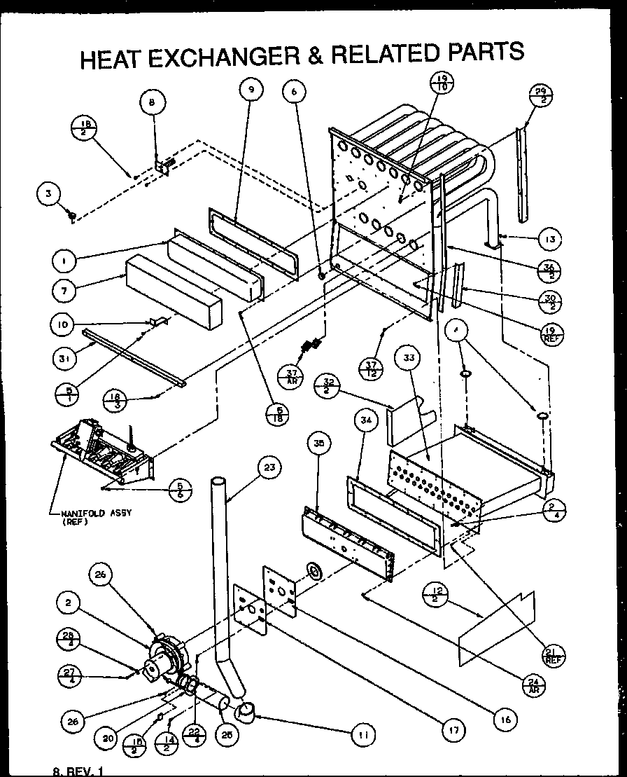 Amana GUC07035 heat exchanger and related parts (guc090x35a/p1173604f) (guc090c35c/p1114310f) (guc090c50c/p1114311f) (guc090x50a/p1173605f) (guc115c50c/p1114312f) (guc115x50a/p1173606f) diagram