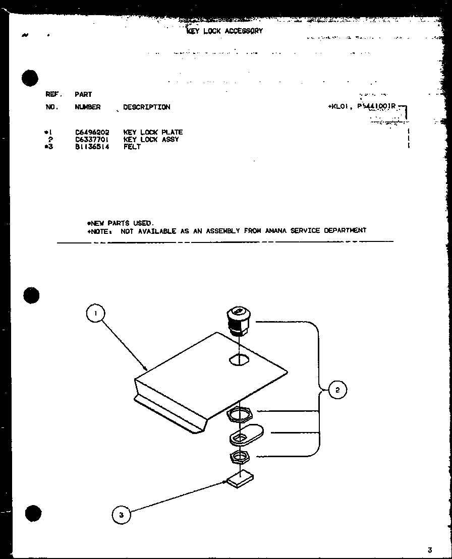 Amana CBK415B1/P6476305R key lock accessory (kl01/p6441001r) diagram
