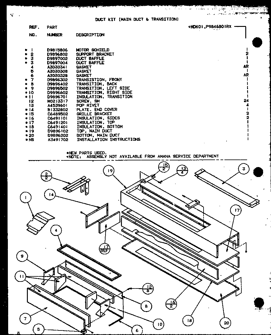 Amana CBK415B1/P6476305R duct kit (main duct & transition) (mdk01/p9846801rx) diagram