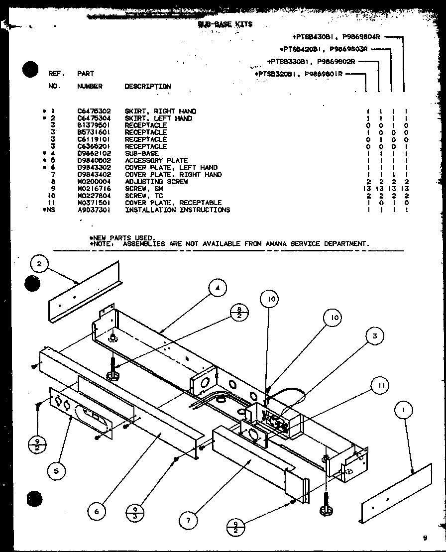 Amana CBK415B1/P6476305R sub-base kits (ptsb320b1/p9869801r) (ptsb330b1/p9869802r) (ptsb420b1/p9869803r) (ptsb430b1/p9869804r) diagram