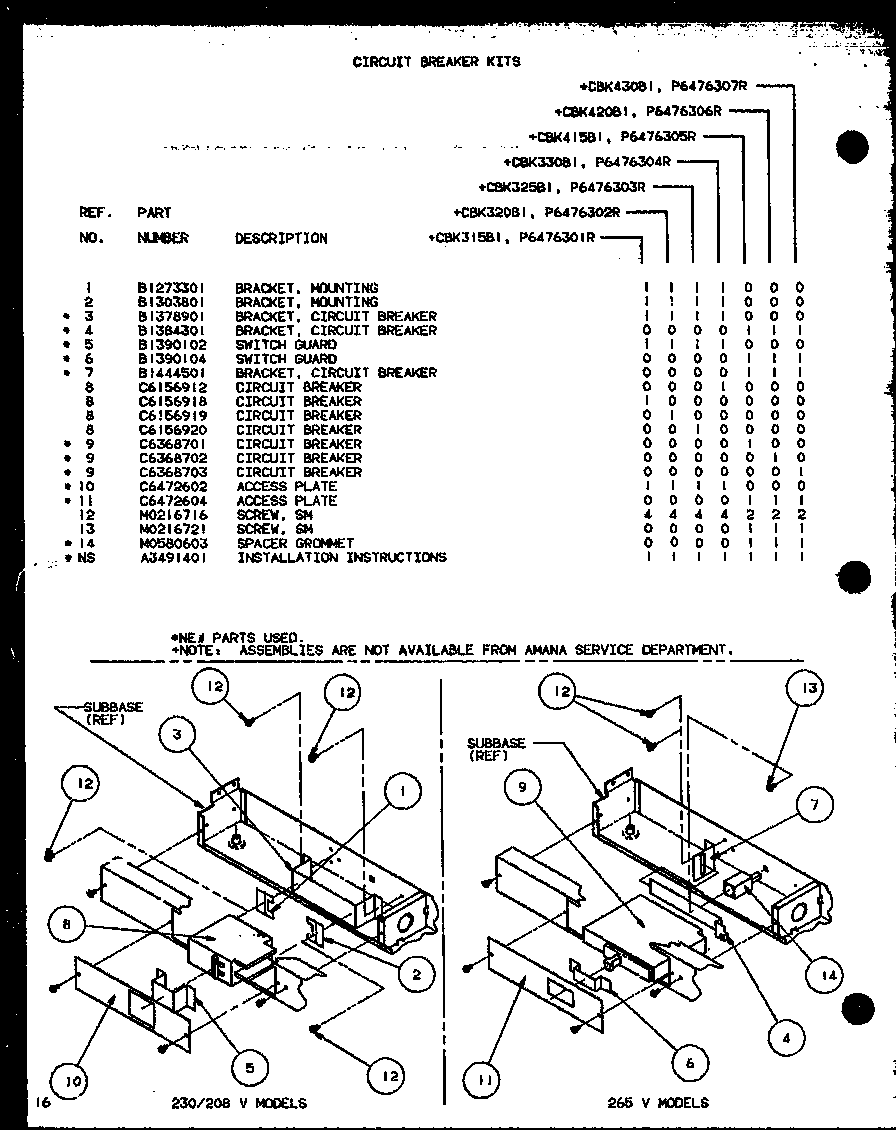 Amana CS430A1/P6332305R circuit breaker kits (cbk420b1/p6476306r) (cbk430b1/p6476307r) diagram