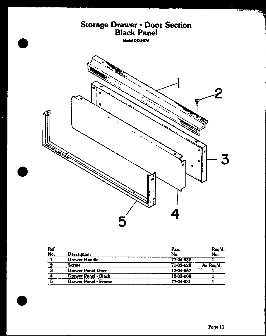 Modern Maid QDU-976 storage drawer - door section black panel diagram