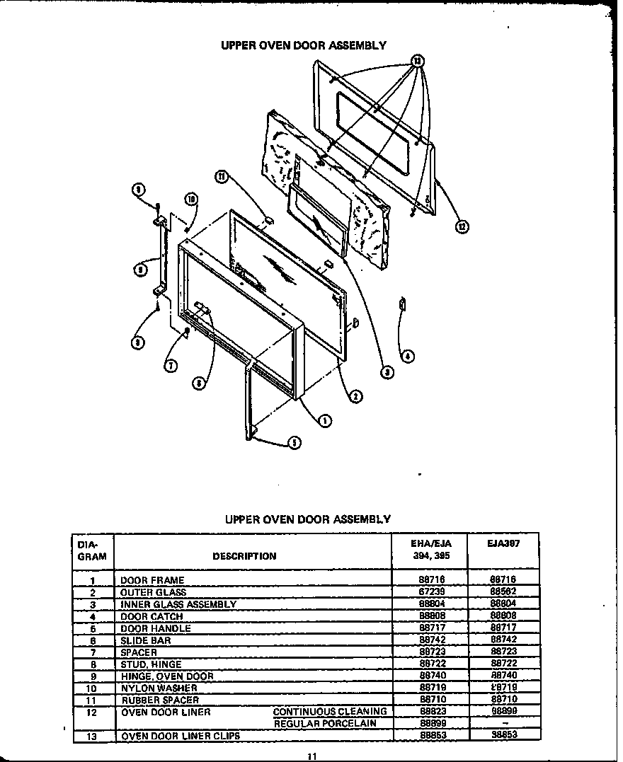 Caloric EJA335 upper oven door assembly (eha394) (eja394) (eha395) (eja395) (eja397) diagram