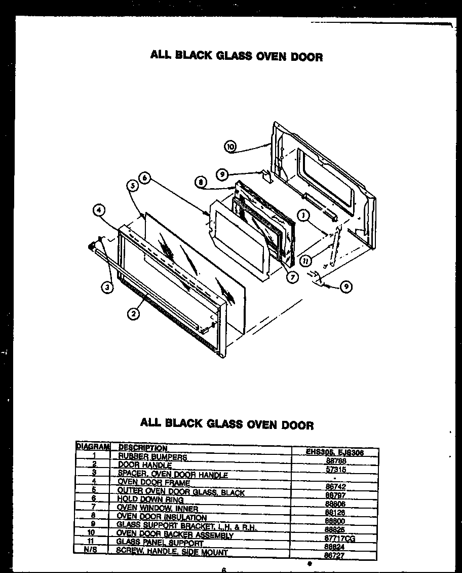 Caloric EJS306 all black glass oven door diagram