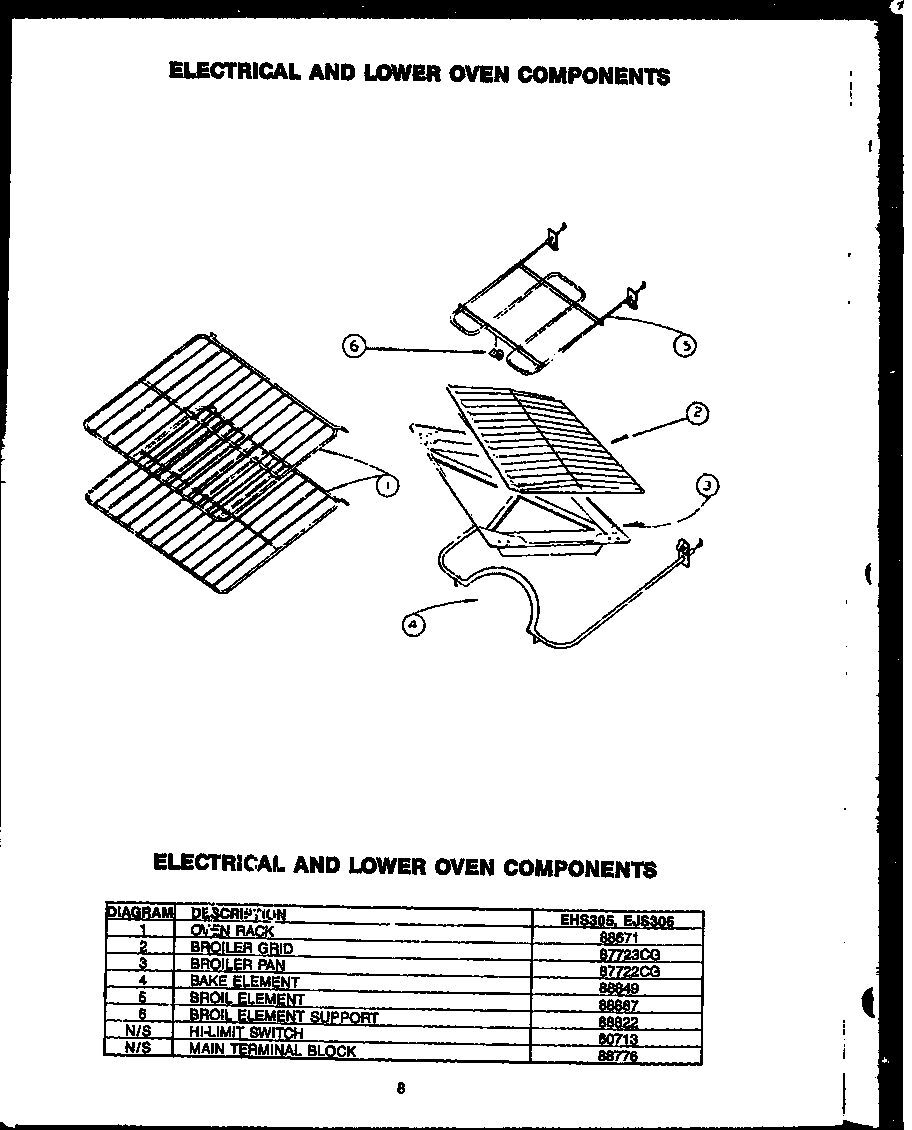 Caloric EJS306 electrical and lower oven components diagram