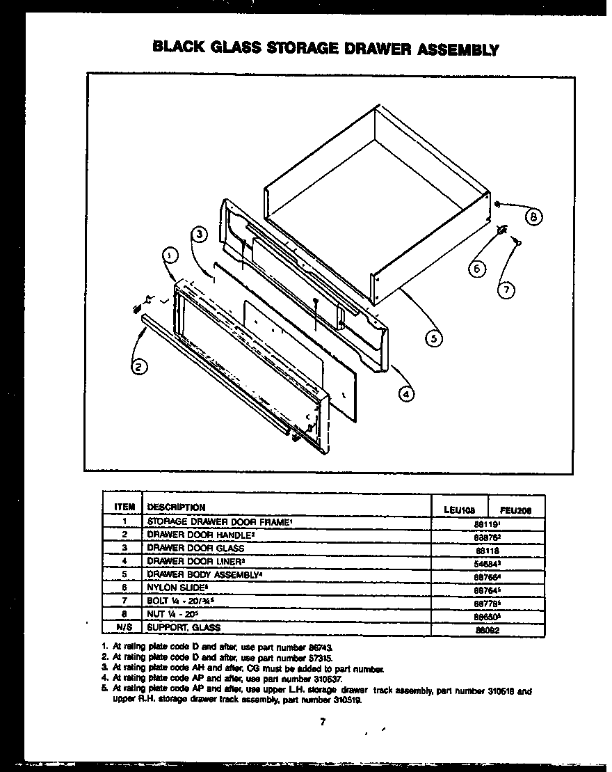 Modern Maid FEU208 black glass storage drawer assembly diagram