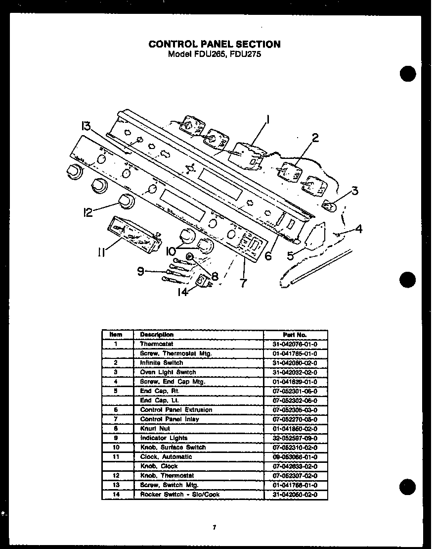 Modern Maid FDU275 control panel section diagram