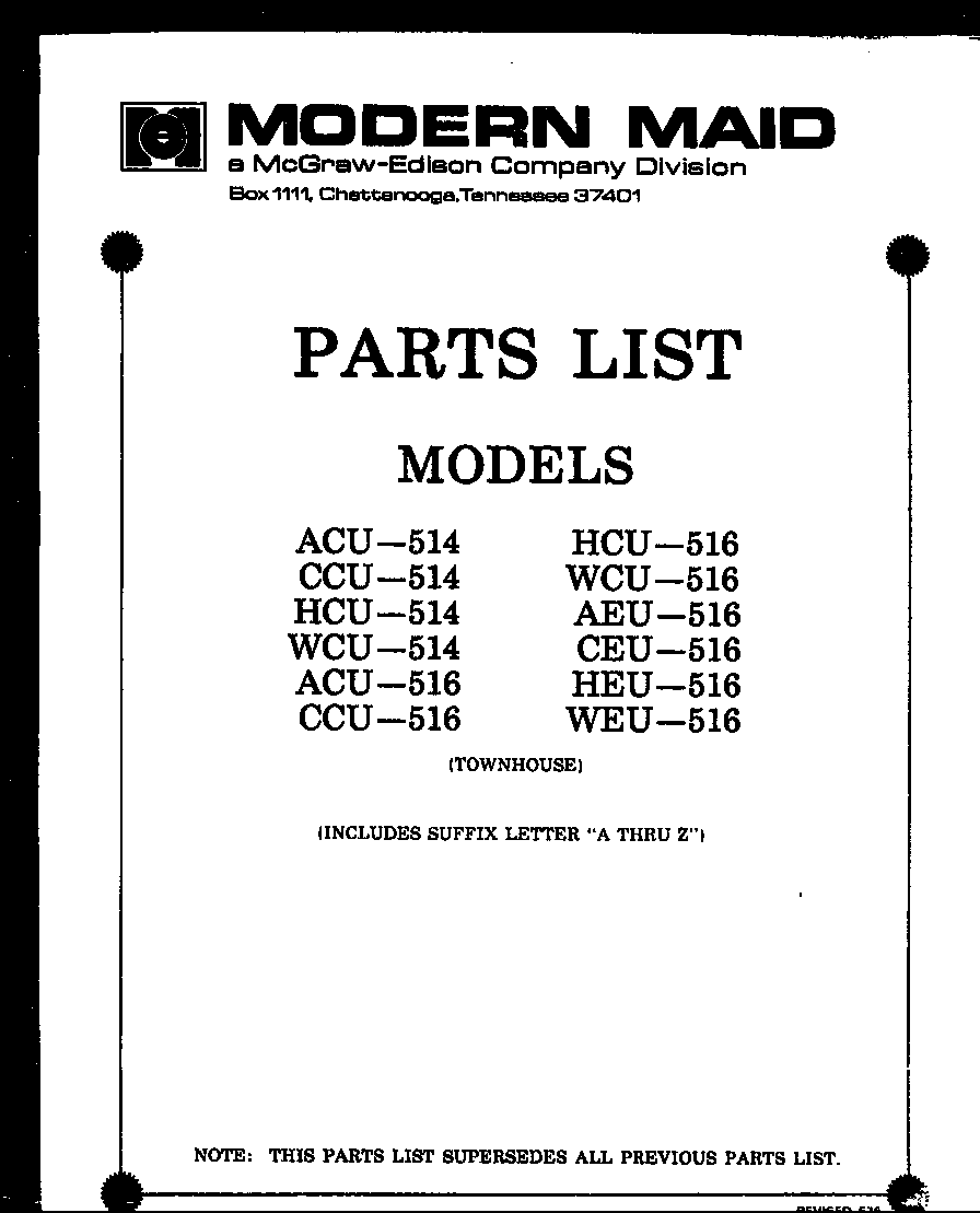 Modern Maid AEU-516C (acu-516a) (hcu-516a) (wcu-516a) (aeu-516a) (heu-516a) (weu-516a) (acu-514c) (ccu-514c) (hcu-514c) (wcu-514c) (acu-516c) (ccu-516c) diagram
