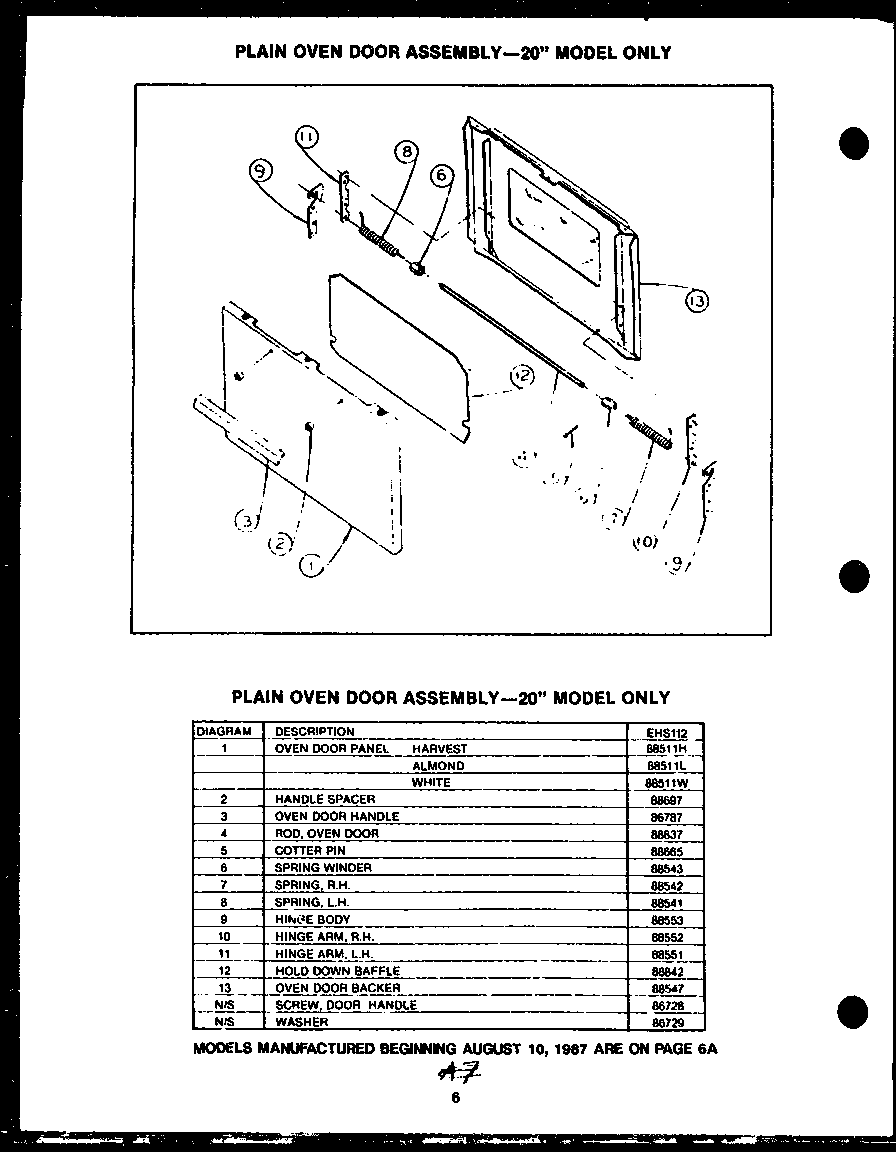 Caloric EHS267 plain oven door assembly-20" model only (ehs112) diagram