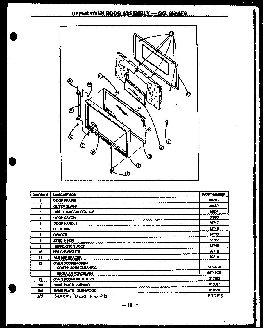 Modern Maid GBC26CK upper oven door assembly (gbe56fb) (sbe56fb) diagram