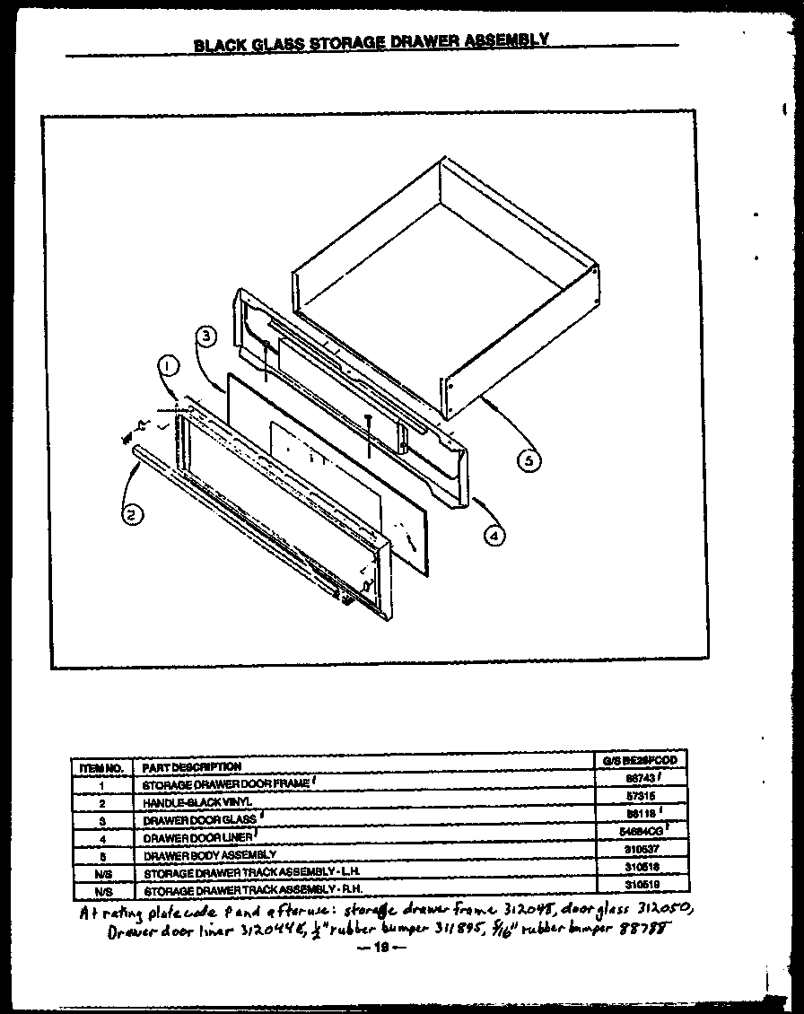 Modern Maid GBC26CK black glass storage drawer assembly (gbe26fcod) (sbe26fcod) diagram
