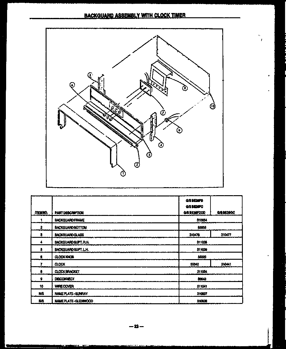 Modern Maid GBC26CK backguard assembly with clock timer (gbe26fc) (sbe26fc) (gbe26fcod) (sbe26fcod) (gbe26gc) (sbe26gc) (gbe26fb) (sbe26fb) diagram