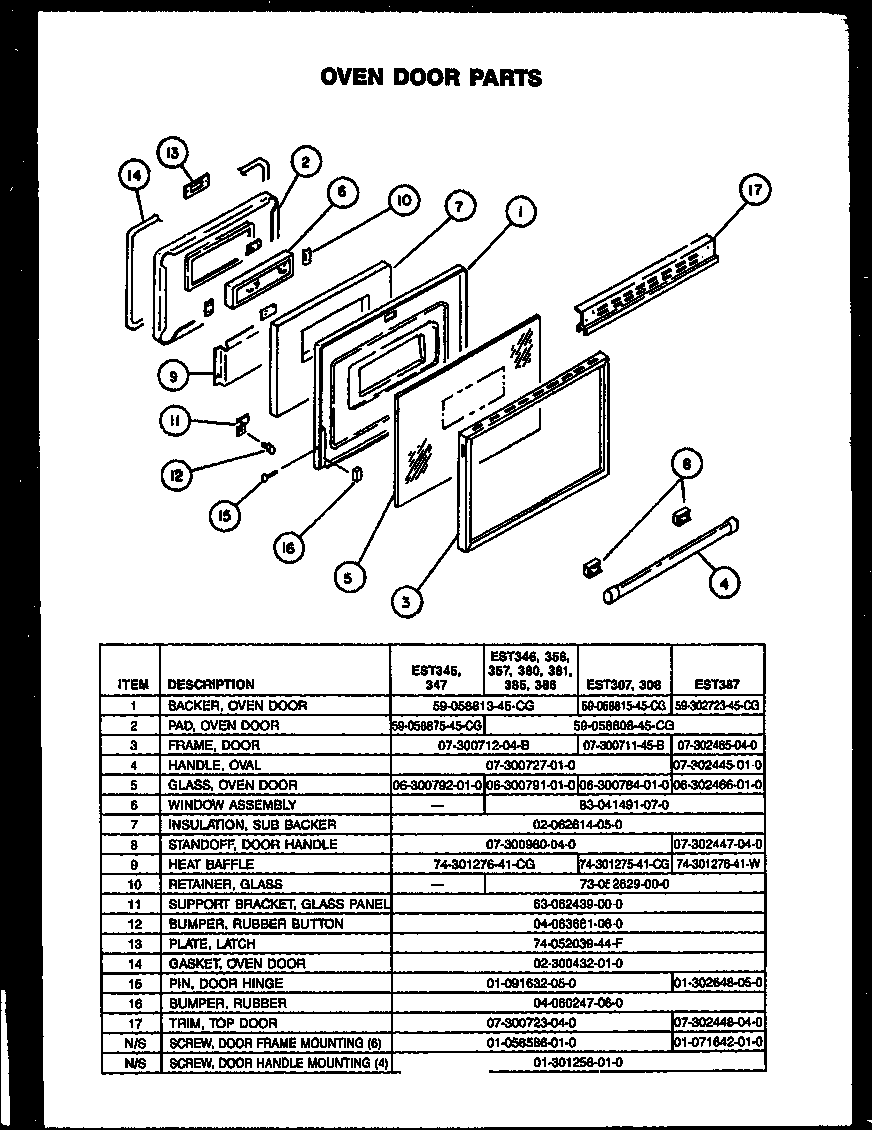 Caloric EST387 oven door parts diagram
