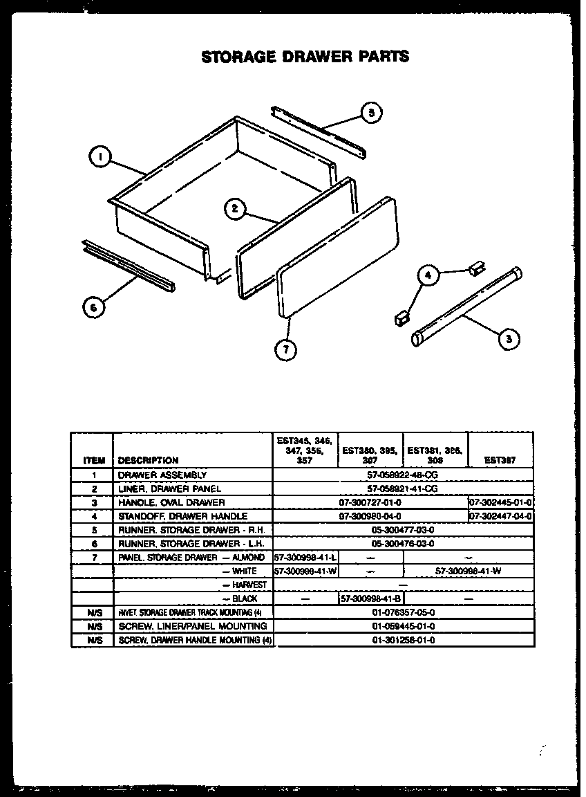 Caloric EST387 storage drawer parts diagram