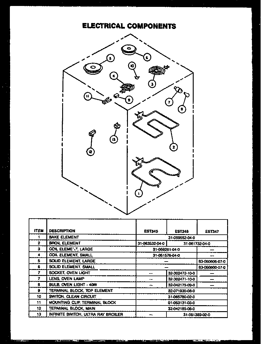 Caloric EST387 electrical components (est345) (est346) (est347) diagram