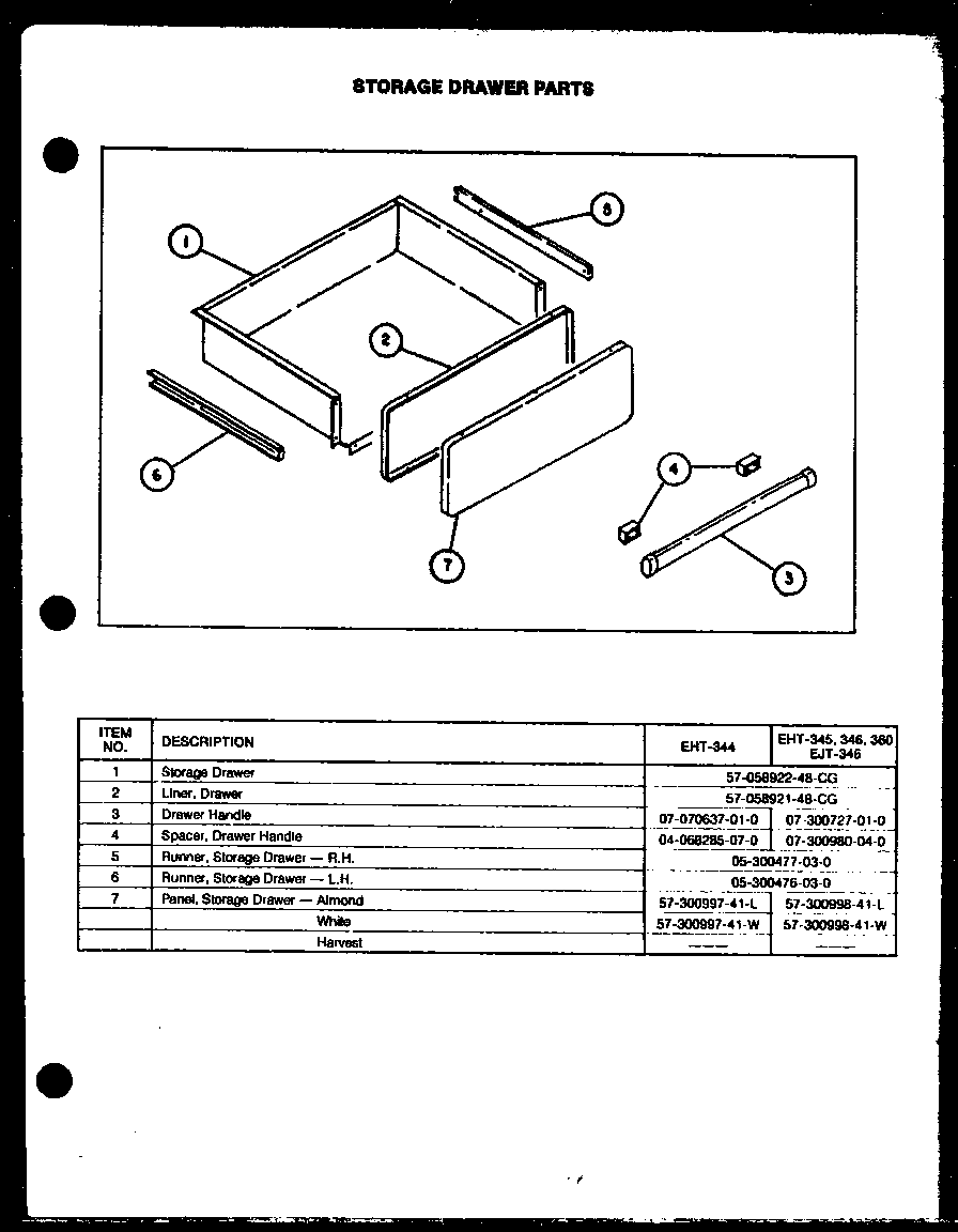 Caloric EHT-345 storage drawer parts diagram
