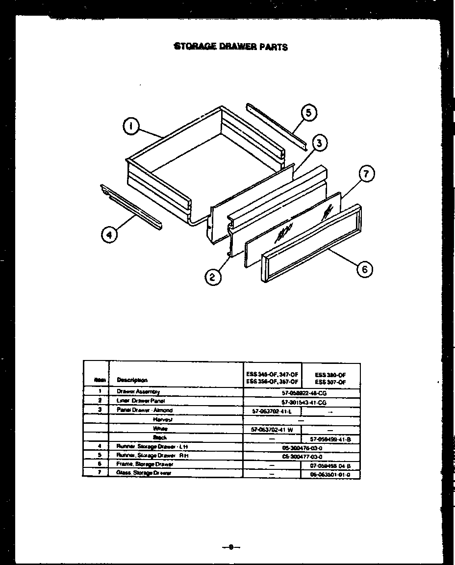 Caloric ESS380-OF storage drawer parts diagram