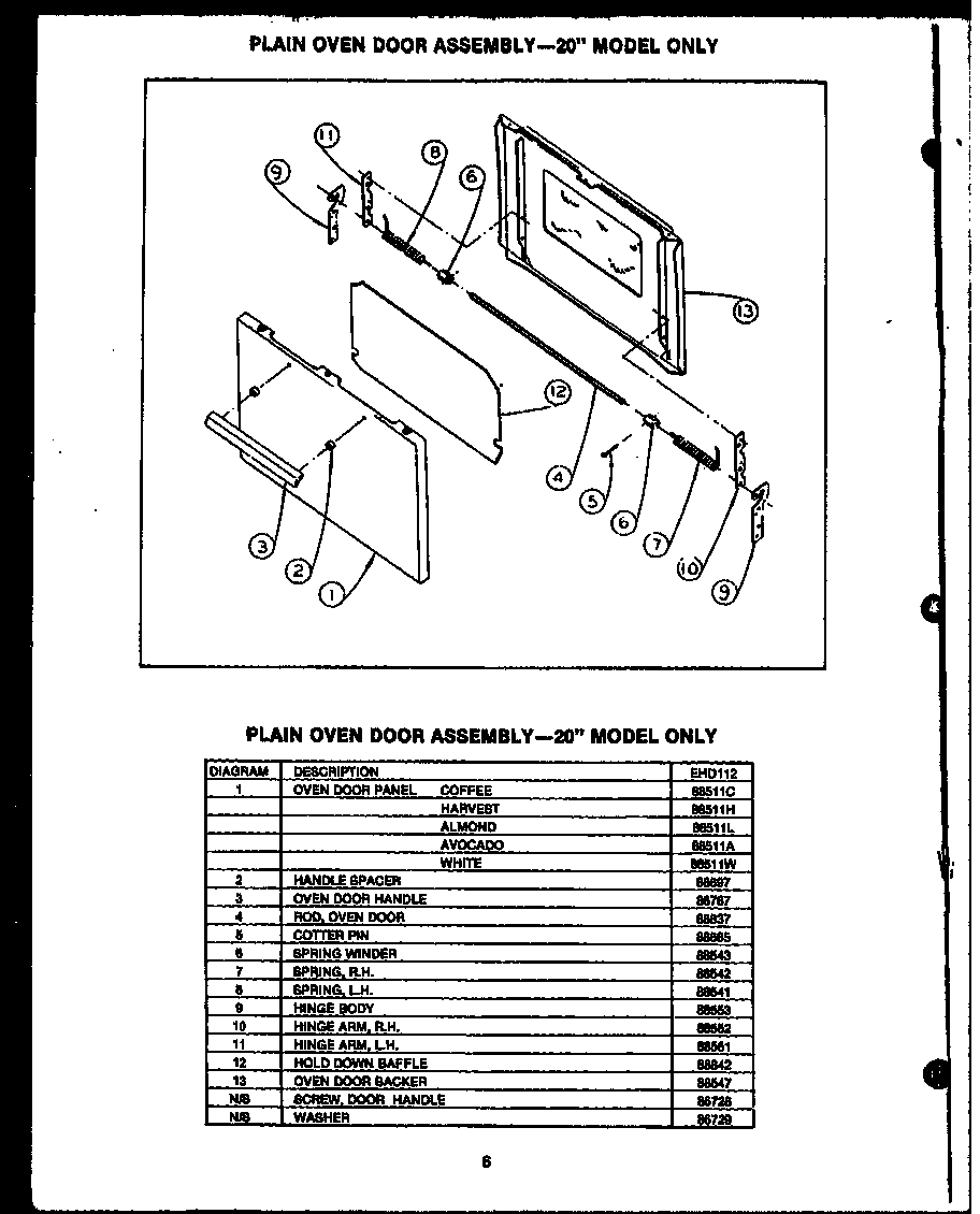 Caloric EHD267 plain oven door assembly--20" model only (ehd112) diagram