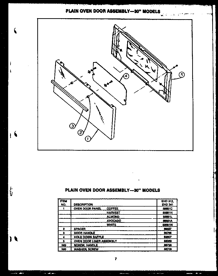 Caloric EHD267 plain oven door assembly--30" models (ehd312) (ehd341) diagram